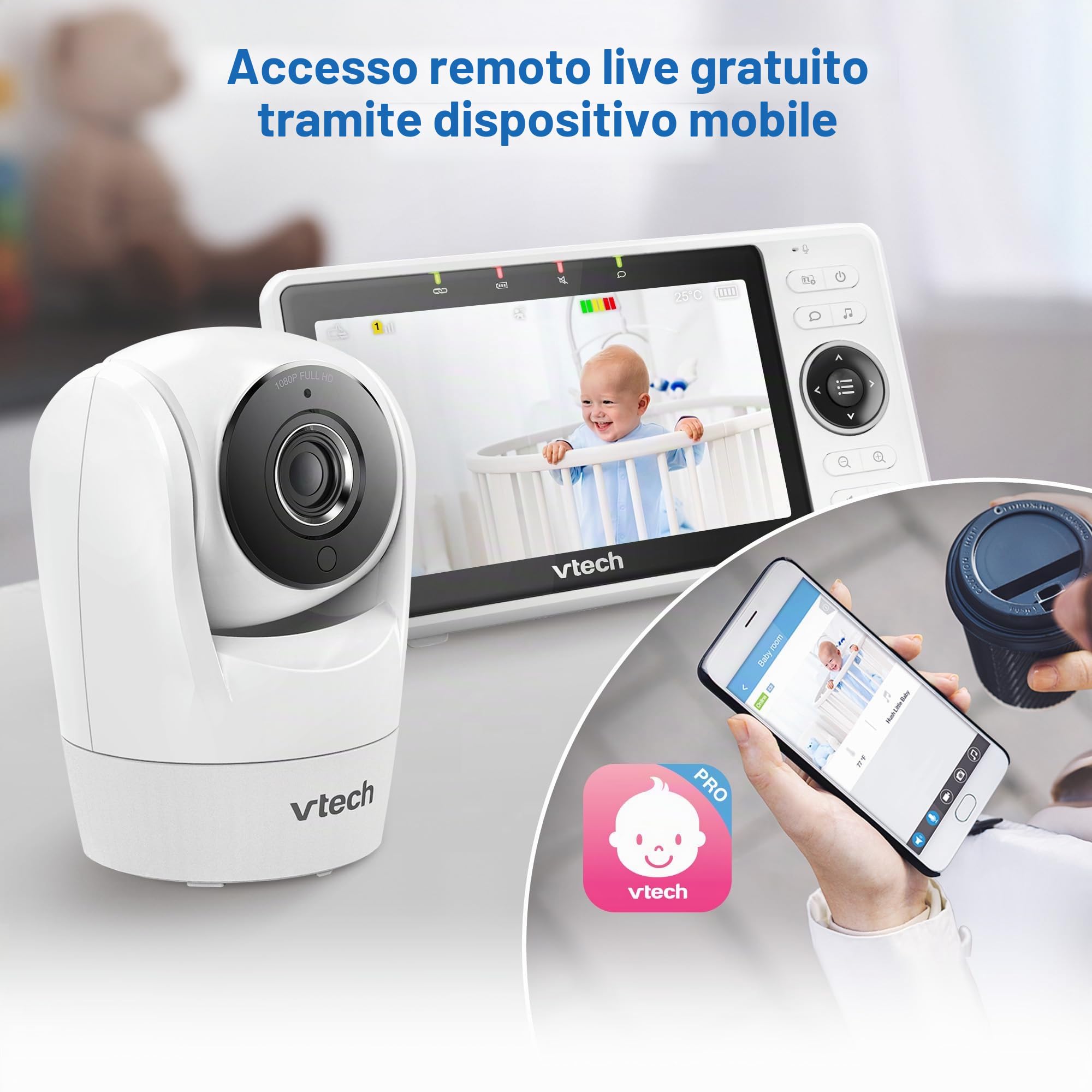VTech Baby Monitor WiFi intelligente VM901, display 720p da 5 pollici, videocamera 1080p, visione notturna HD, zoom pan-inclinato completamente a distanza, conversazione a due vie