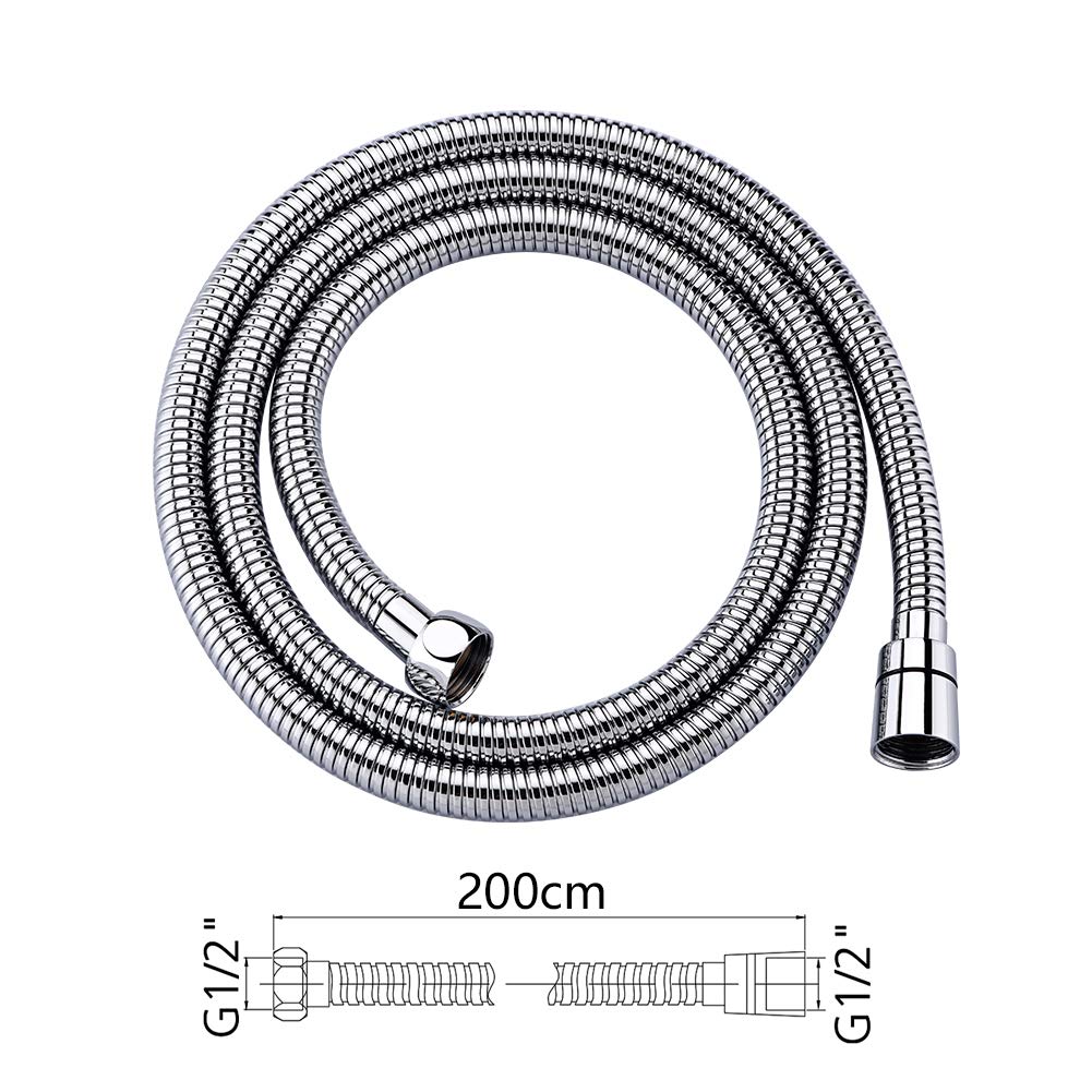 GRIFEMA Tubo Doccia 2 m - Flessibile Doccia in Acciaio Inox (G1/2 pollici, 200 CM) Anti-Piega & Antigoccia, Ricambio Resistente con Connettori in Ottone e Guarnizioni, Finitura Cromata Argento