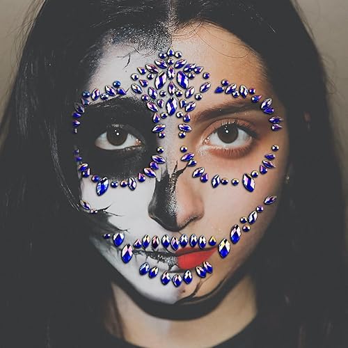 Miniatura 3 de 1 paquete de joyas para la cara de Halloween, tatuajes temporales, tatuajes temporales de diamantes de imitación coloridos con purpurina para el Día