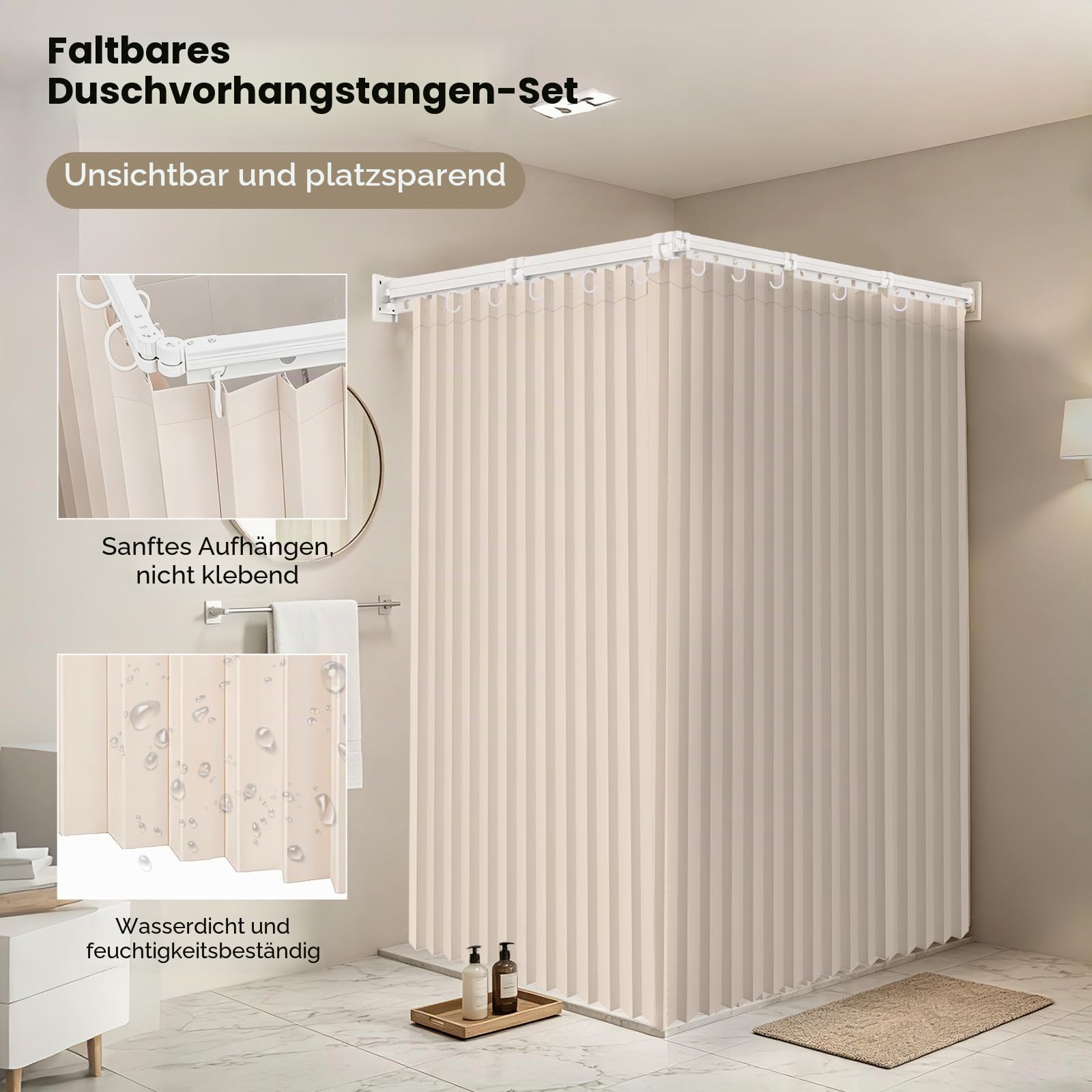 Faltbare Duschvorhangstange ohne Bohren 1,8x2m, 4/5-Fach Faltbarer Duschvorhang mit Stange Wasserdicht, L-Form/U-Form/Gerade Verstellbar, Platzsparend für Kleine Badezimmer, Wohnmobile