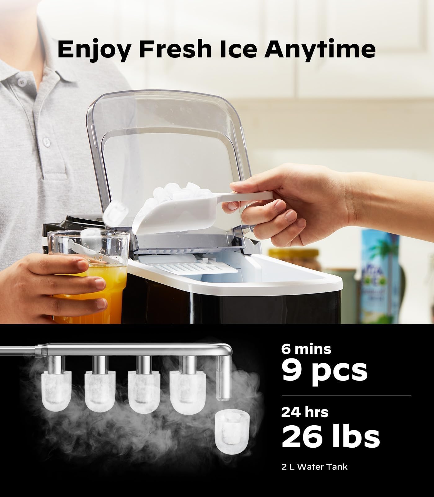 Silonn Smart Countertop Ice Maker - 9 Bullet Cubes In 6 Mins, 26 Lbs Per Day, Compact Wi-Fi Ice Maker Machine, 2 Ice Cube Sizes, Portable Ice Maker With Self-Cleaning For Kitchen/Office/RV on Fridge.com - View 4