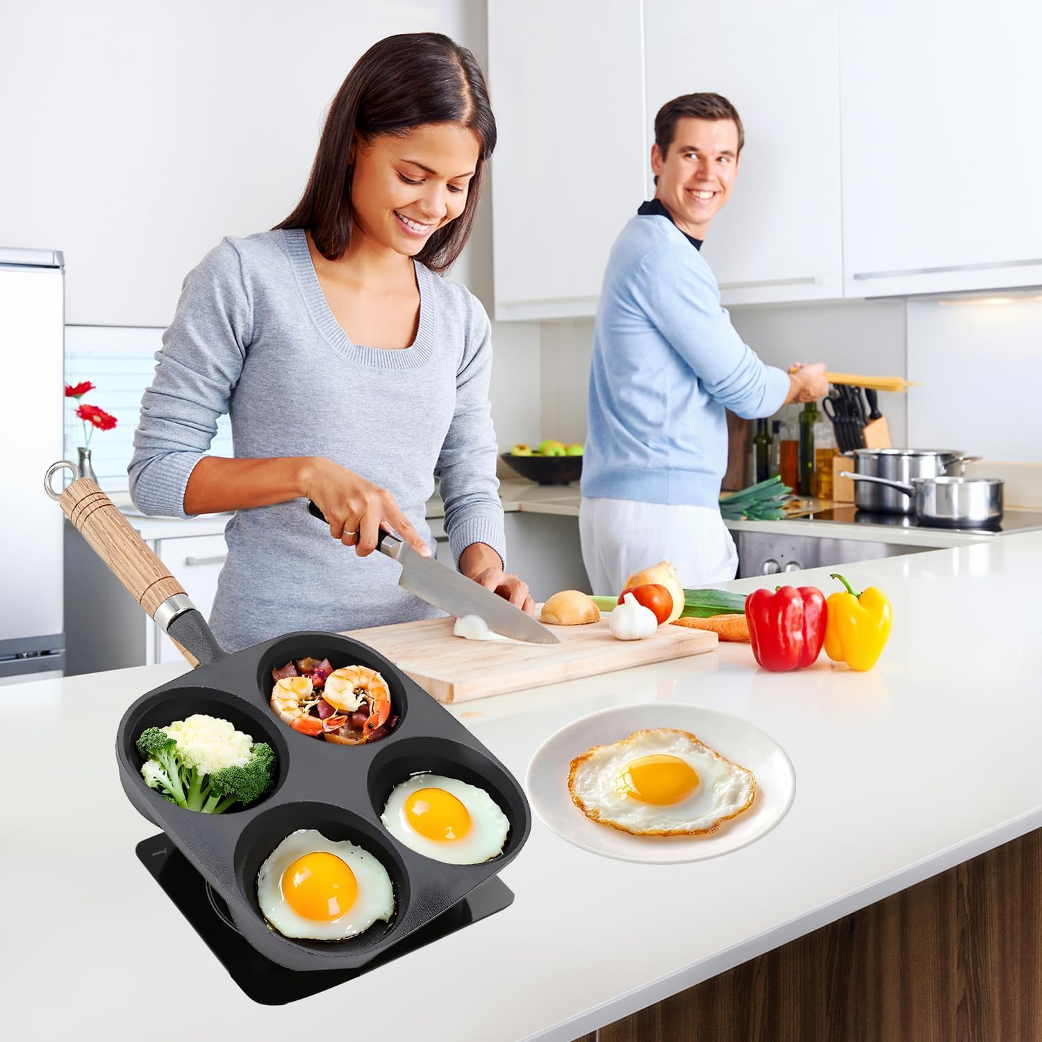Iron 4 Cup Omelette Pan Non Stick Frying Egg Tool With Single Round Hole Size 9cm Easy To Clean Breakfast Cast Iron Pan Suitable For Frying Eggs, Making Pancakes, Omelettes And Burgers