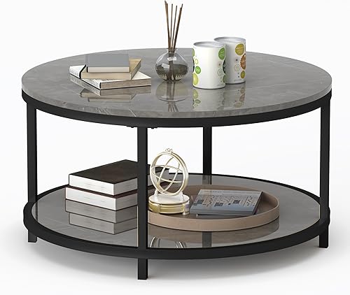 Miniatura 9 de WiberWi Round Coffee Table 33.5" Coffee Tables for Living Room High Glossy Faux Marble Top Modern Circle Table Sturdy Black Metal Frame Legs