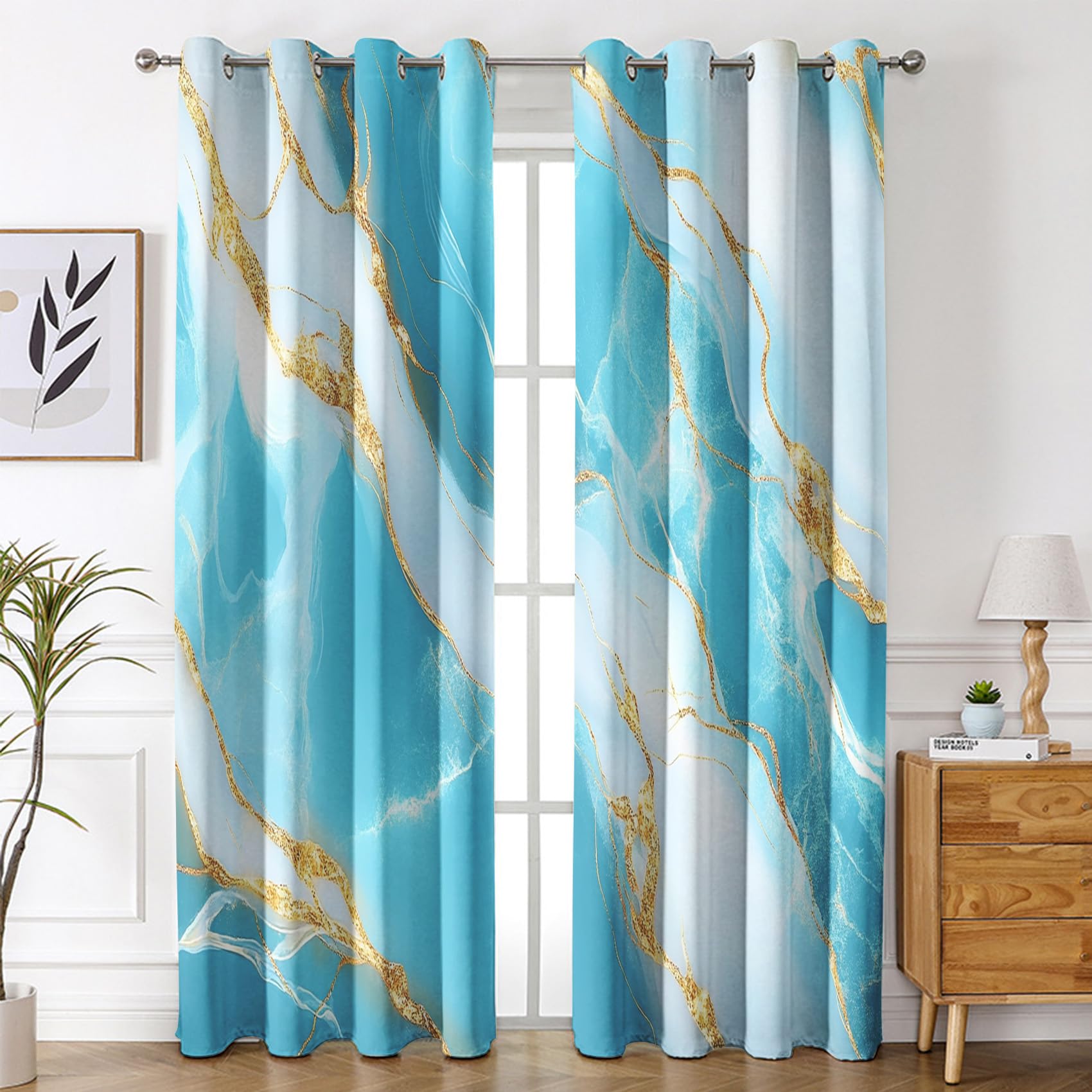 Rideaux occultants aspect marbre bleu 140x260cm | Tissu lourd au design abstrait chic