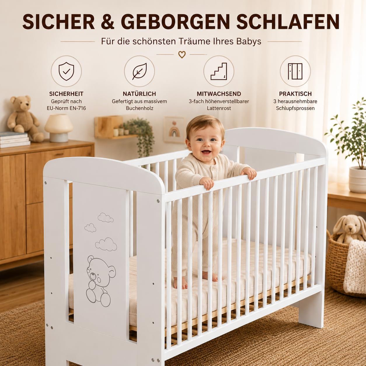 Lettino per Bambini 120x60 cm in Legno Bianco | Lettino Evolutivo con Sbarre per Neonati | Altezza Regolabile e Stabile | Materasso Non Incluso | Design Sicuro e Delicato