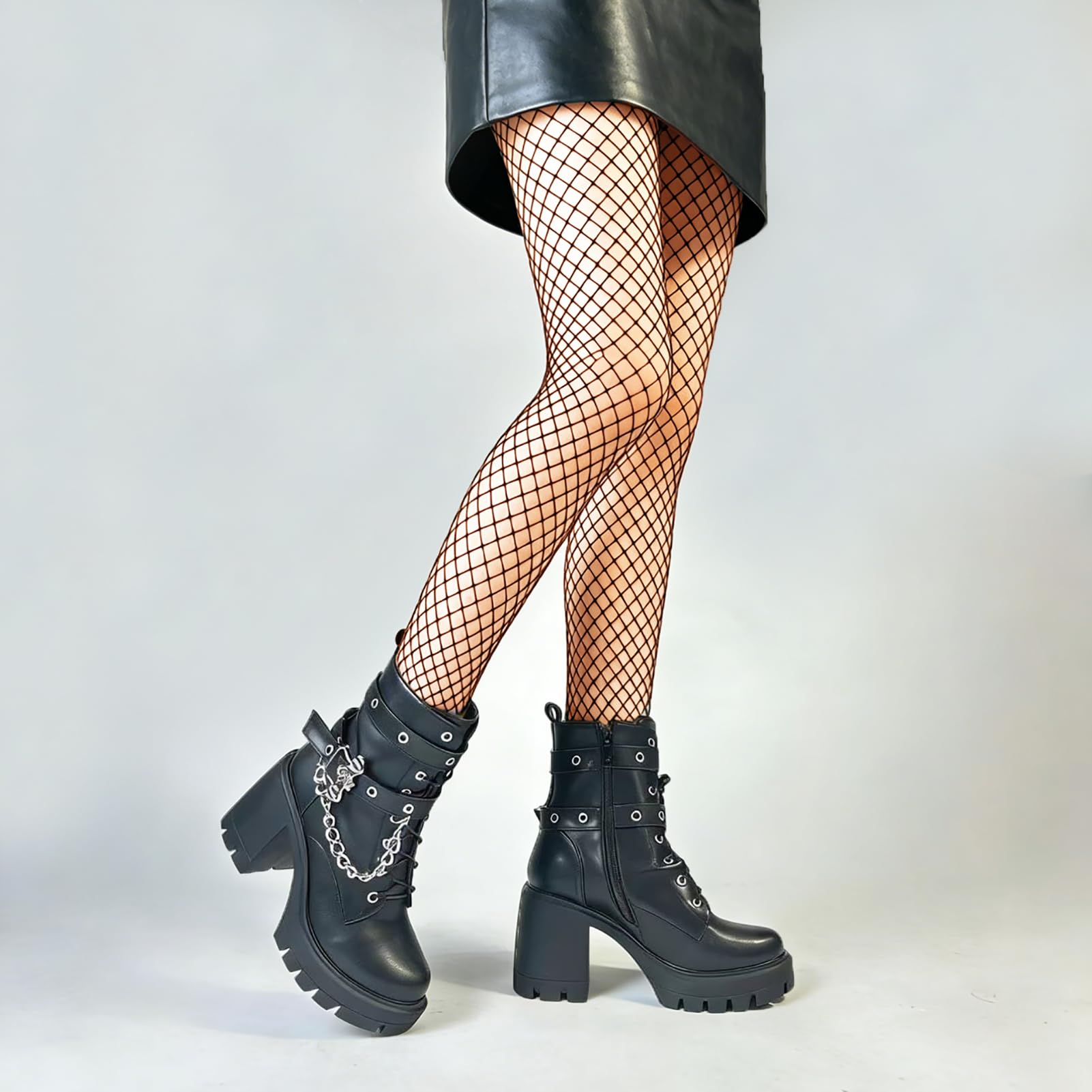 FOREADA Goth Boots Chunky Heel Boot For Women Ankle Combat Booties Black Platform Bootie Buckle Rivets Punk Goth Shoes With Zipper: 5 Buckle Black a