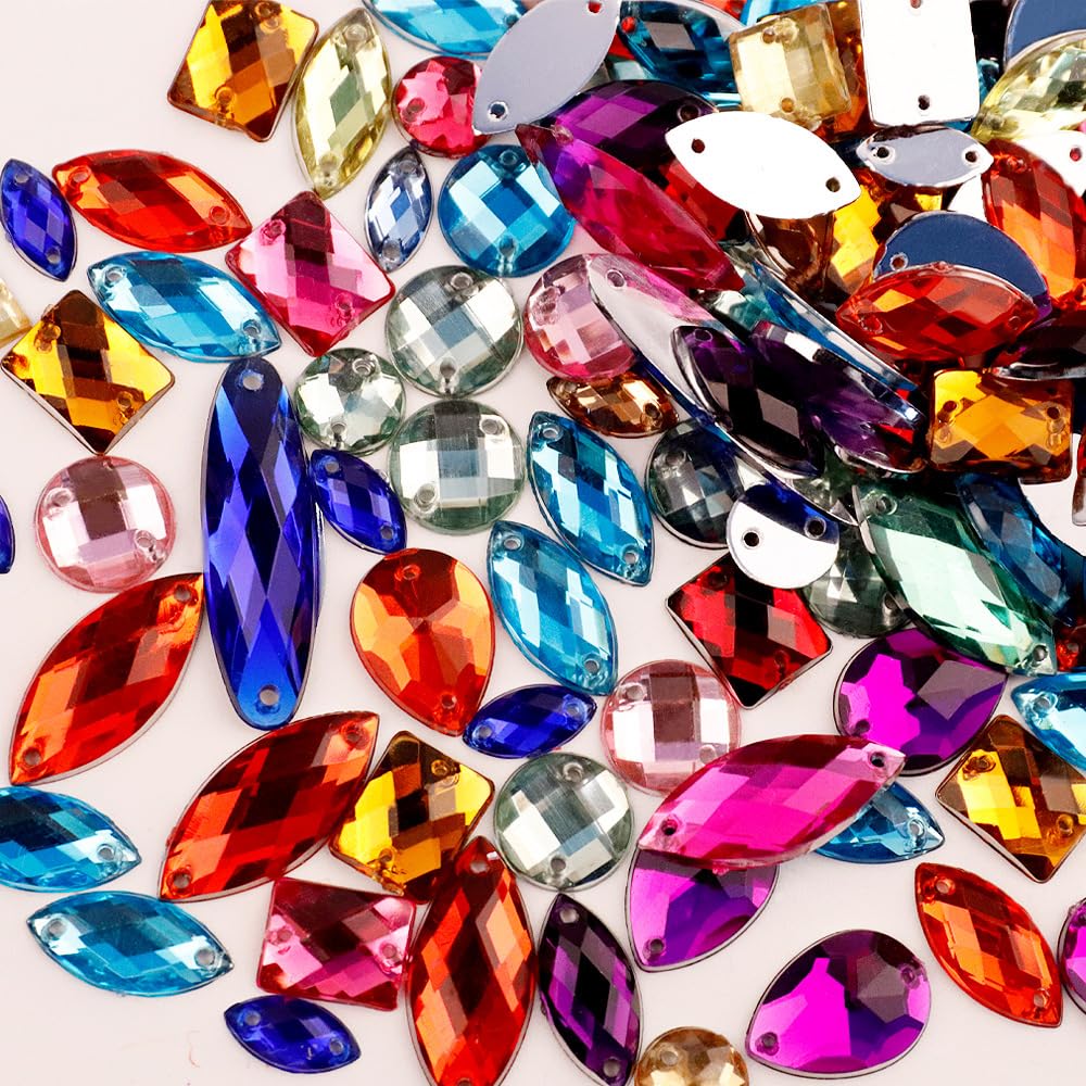MSLSOZ 60g Shining Rhinestones for Sewing, Colored Rhinestones for Clothes, Dual-Hole Flatback Sew On Rhinestones, Mixed Shapes and Sizes, Suitable for DIY Crafts, Apparel, Shoes, and Bag Decoration.