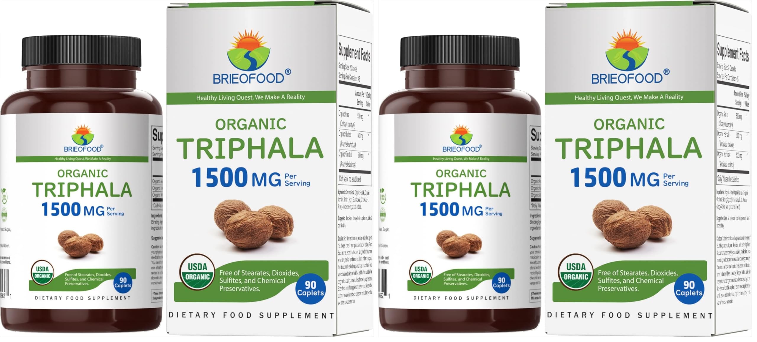 Brieofood Organic Triphala 1500mg, 45 Servings, Vegetarian, Gluten Free, 90 Vegetarian Tablets (Pack of 2) 90 Count (Pack of 2)