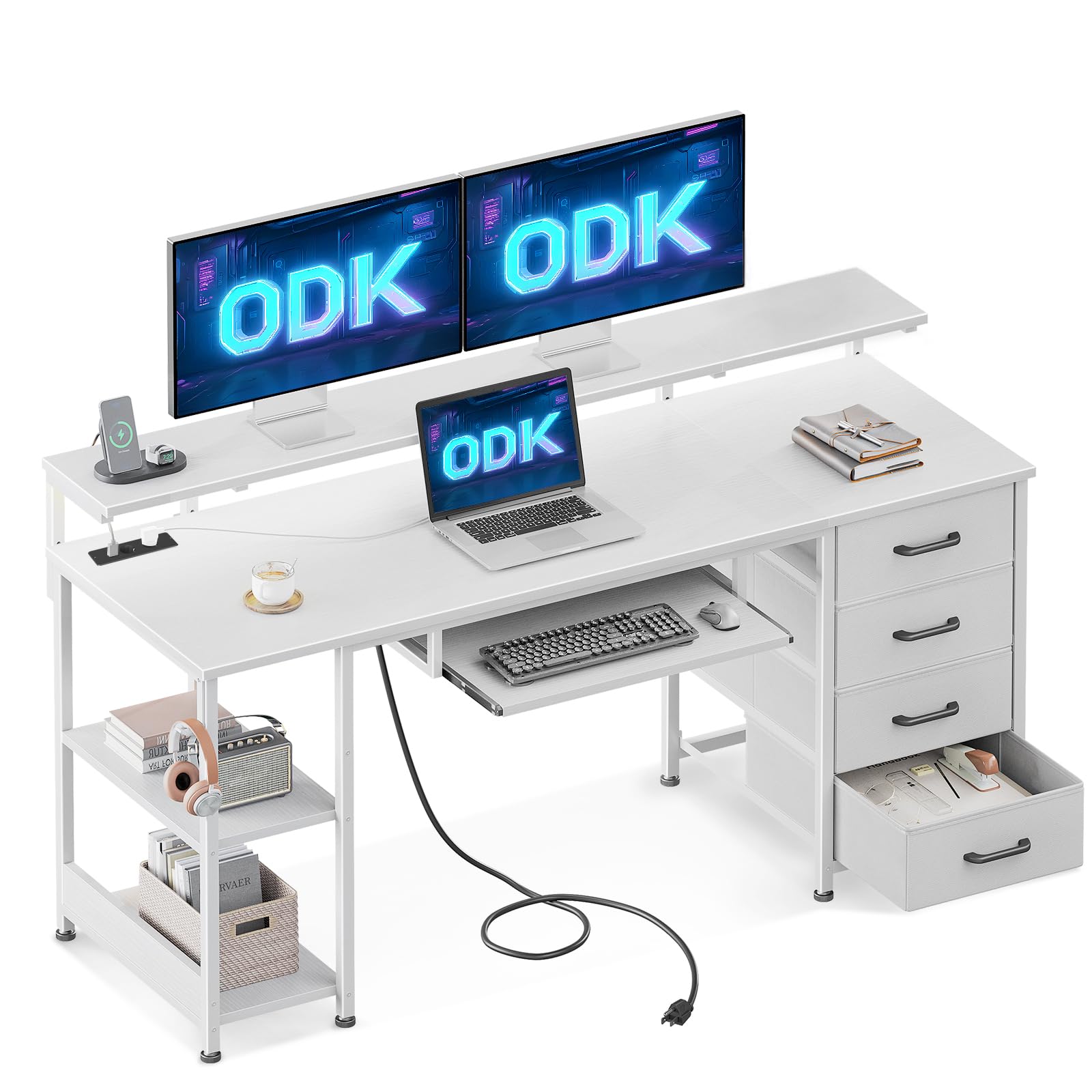 ODK Escritorio con 4 Cajones, Escritorio de Ordenador con Toma de Corriente y Carga USB, Escritorio Gaming Mesa de Escritorio con Estantes Ajustables para el Hogar (Blanco, 140x52x92cm)