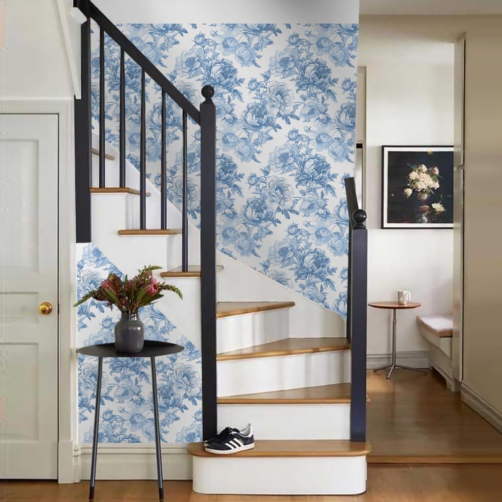 18"x236" Blue White Vintage Peony Flower Peel and Stick Self Adhesive Wallpaper Removable Contact Paper Stick on Easy Peel Off Wall Paper for Kitchen Bedroom Bathroom Renter