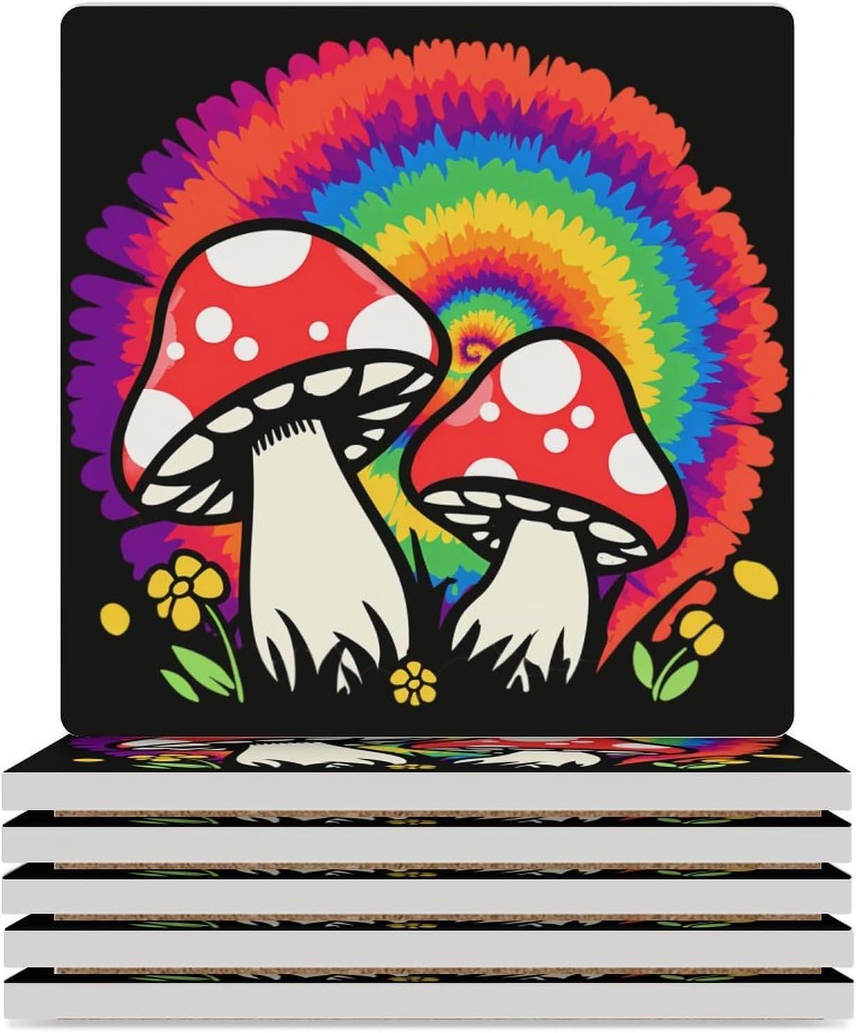 Tie Dye Mushroom Coaster for Drinks Square Ceramic Table Coasters Stone Mat Crafts 4PCS Home Kitchen Decor