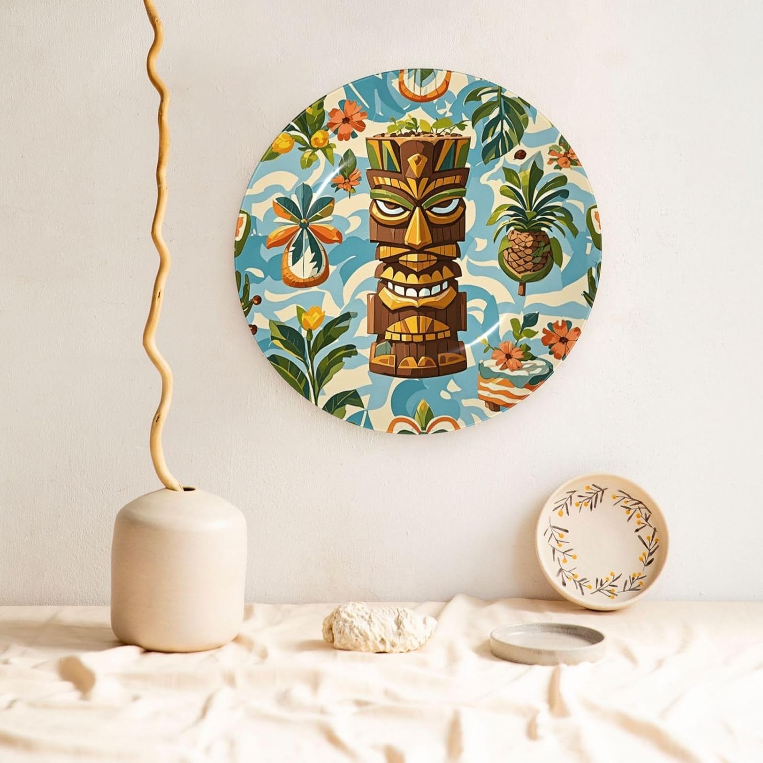 Decorative Plate 10in Dessert Plate Ornament Ceramic Plates with Display Vintage Aloha Tiki Pattern Bone China Decorative Plat Stand Hanging Porcelain Plate for Home Wall Decor