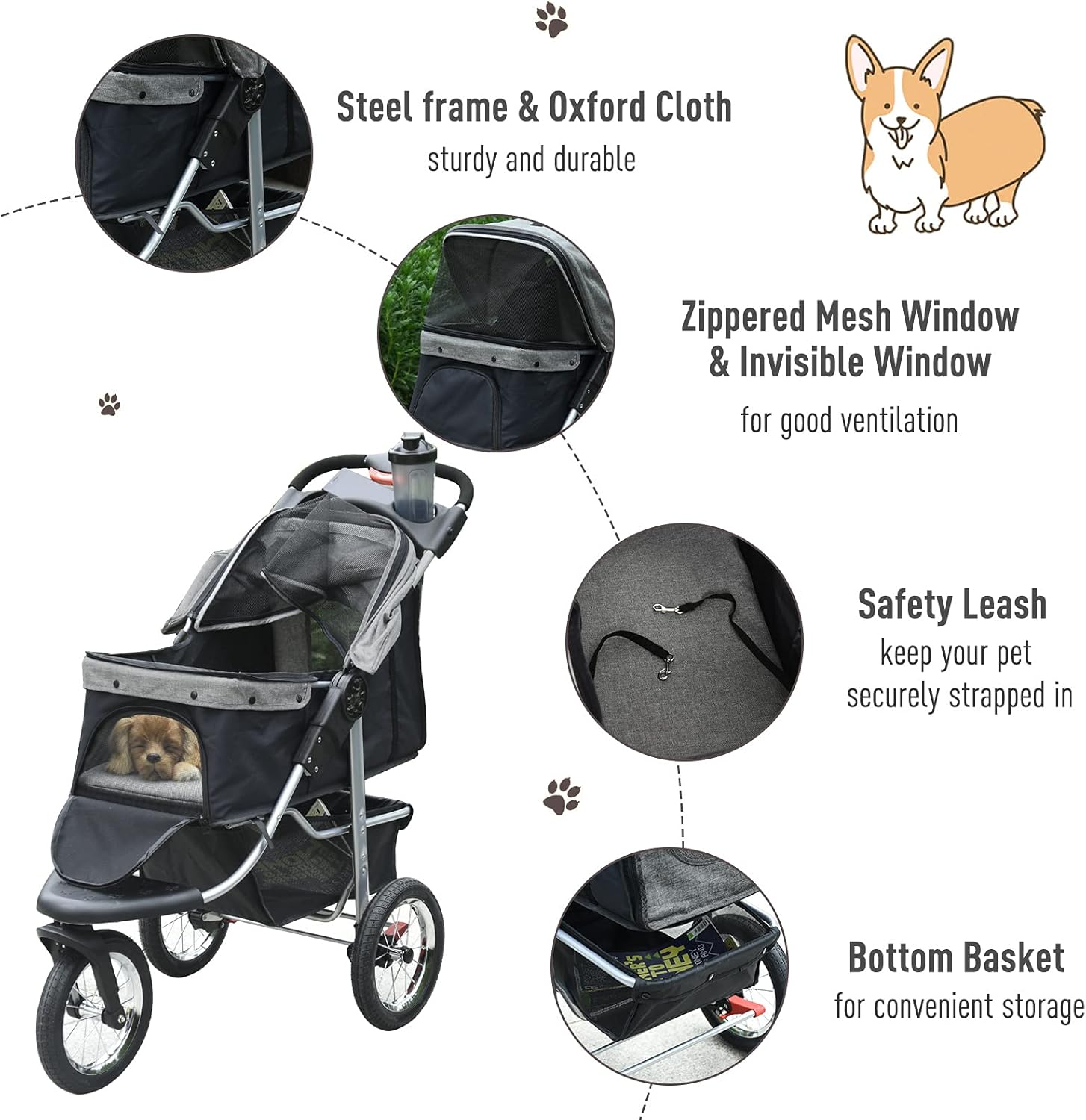 PawHut Luxury One-Click Folding Pet Stroller Dog/Cat Travel Carriage with Wheels Adjustable Canopy Zippered Mesh Window Door Grey and Black : Pet Supplies
