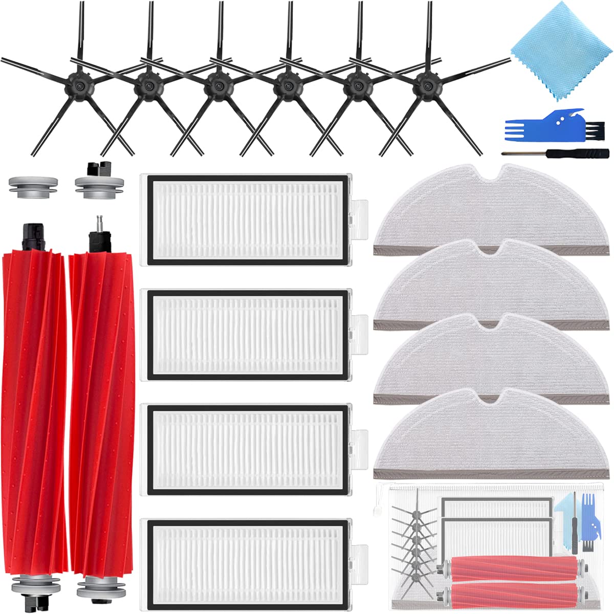 Kit di Accessori per Roborock Q7 / Q7+ / Q7 Max / Q7 Max+ aspirapolvere, Pezzi di Ricambio di Ricambio 2 spazzole Principali, 6 spazzole Laterali, 4 filtri HEPA, 4 Panni per mop (12 Pezzi)