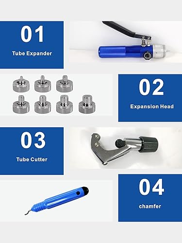 Miniatura 4 de AMZCNC Kit de herramientas de estampación compacto con cortador de tubos, herramienta de desbarbado y 7 cabezales expansores para tubos de cobre de