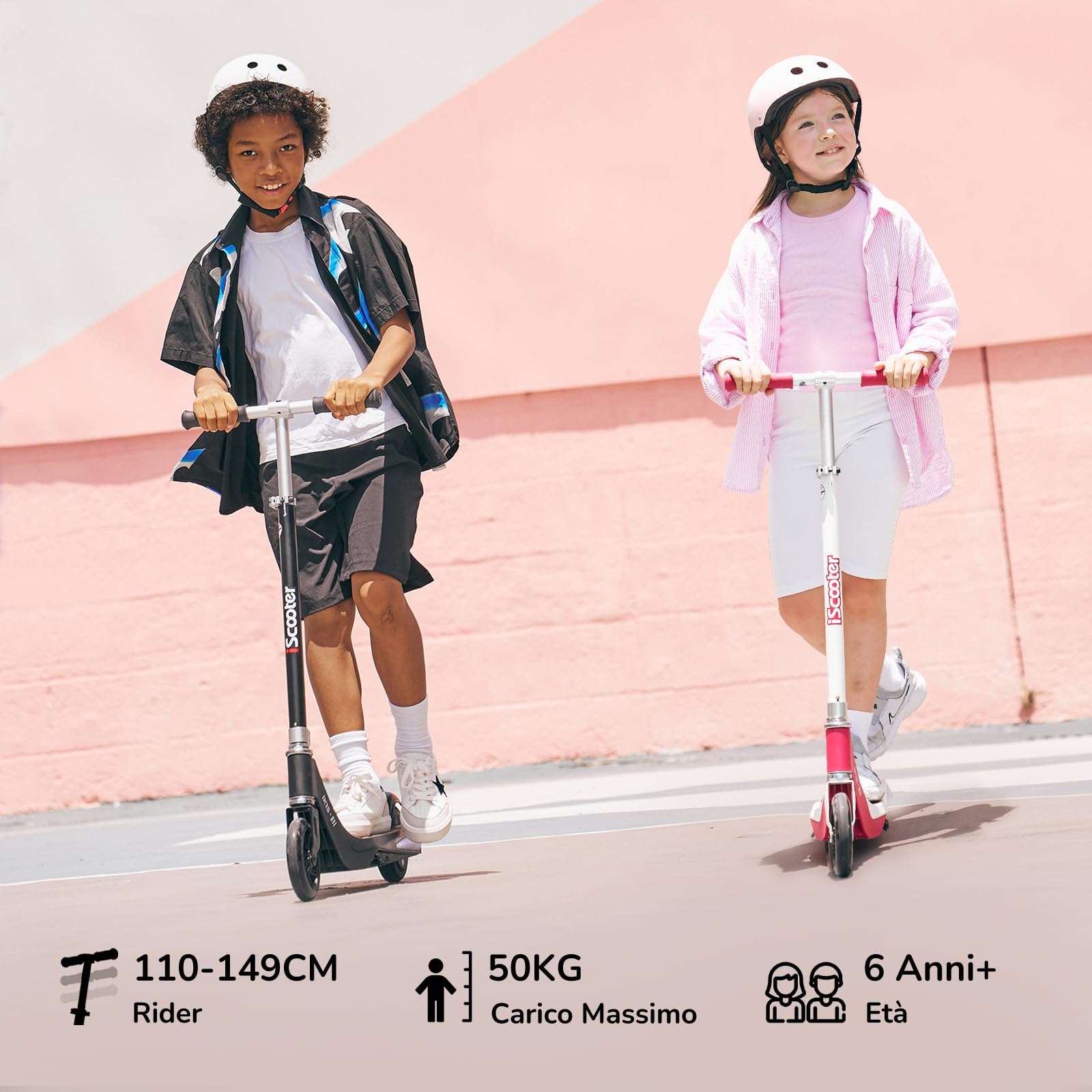 iScooter Monopattino elettrico per bambini 6-10 anni, 2 velocità 10/15 km/h, ruota anteriore luminosa e LED multicolore, altezza regolabile su 3 livelli, carico massimo 50 kg