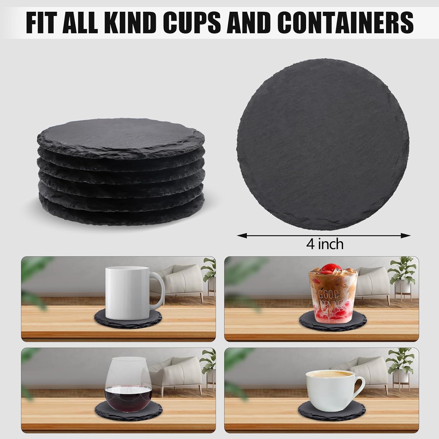 6 Pack Round Slate Drink Coasters, VIBRATITE 4 Inch Black Slate Stone Coasters Bulk Cup Coasters Laser Engraving Blanks with Anti-Scratch Bottom for Drink Coffee Bar Kitchen Home Decor - Image 2