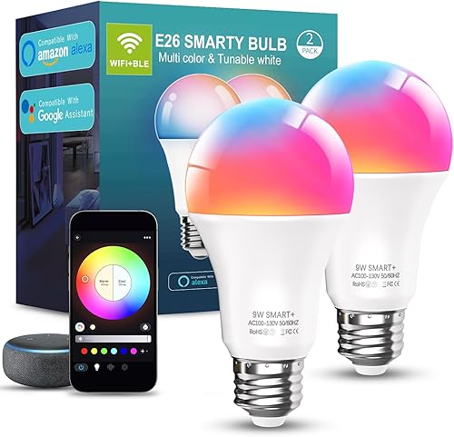 luckystyle Bombillas inteligentes, 9 W, A19, E26, 800 lúmenes, WiFi, Bluetooth, bombillas LED compatibles con Alexa, Google Assistant y Home, 16