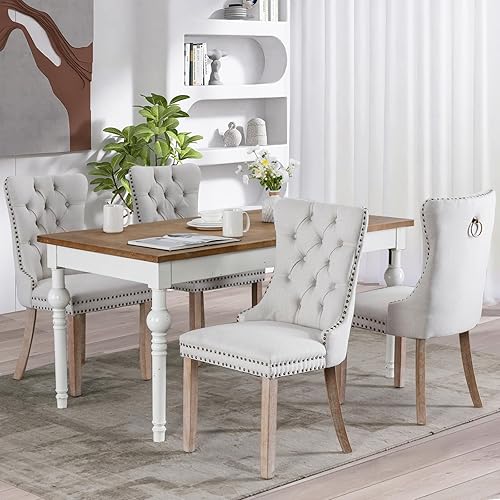 SoarFlash Juego de 4 sillas de comedor de tela de lino, sillas de comedor tapizadas acolchadas con ribete de tachuelas y patas de madera maciza de