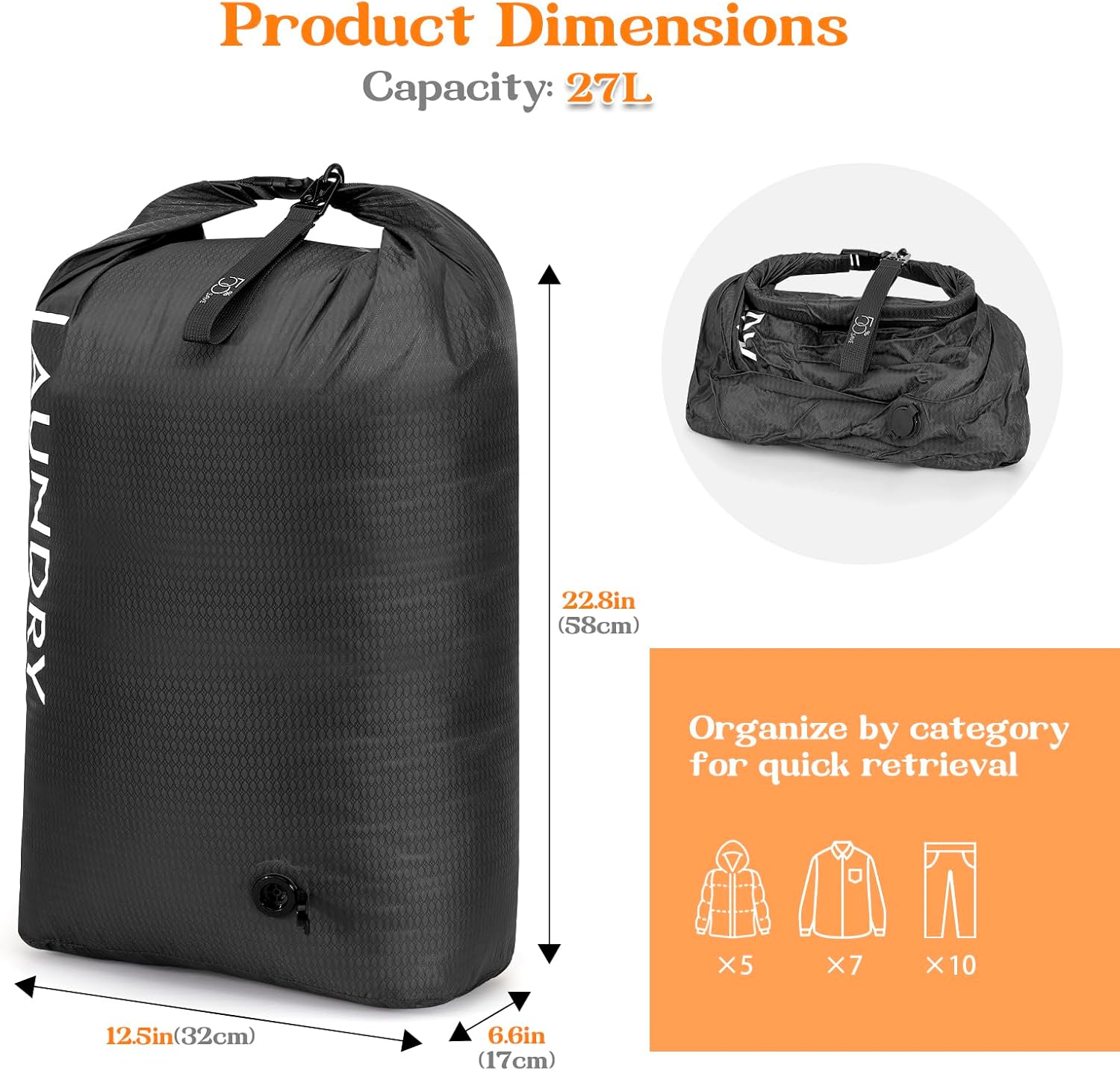 Compression Laundry Bag, Waterproof Travel Storage for Dirty Clothes
