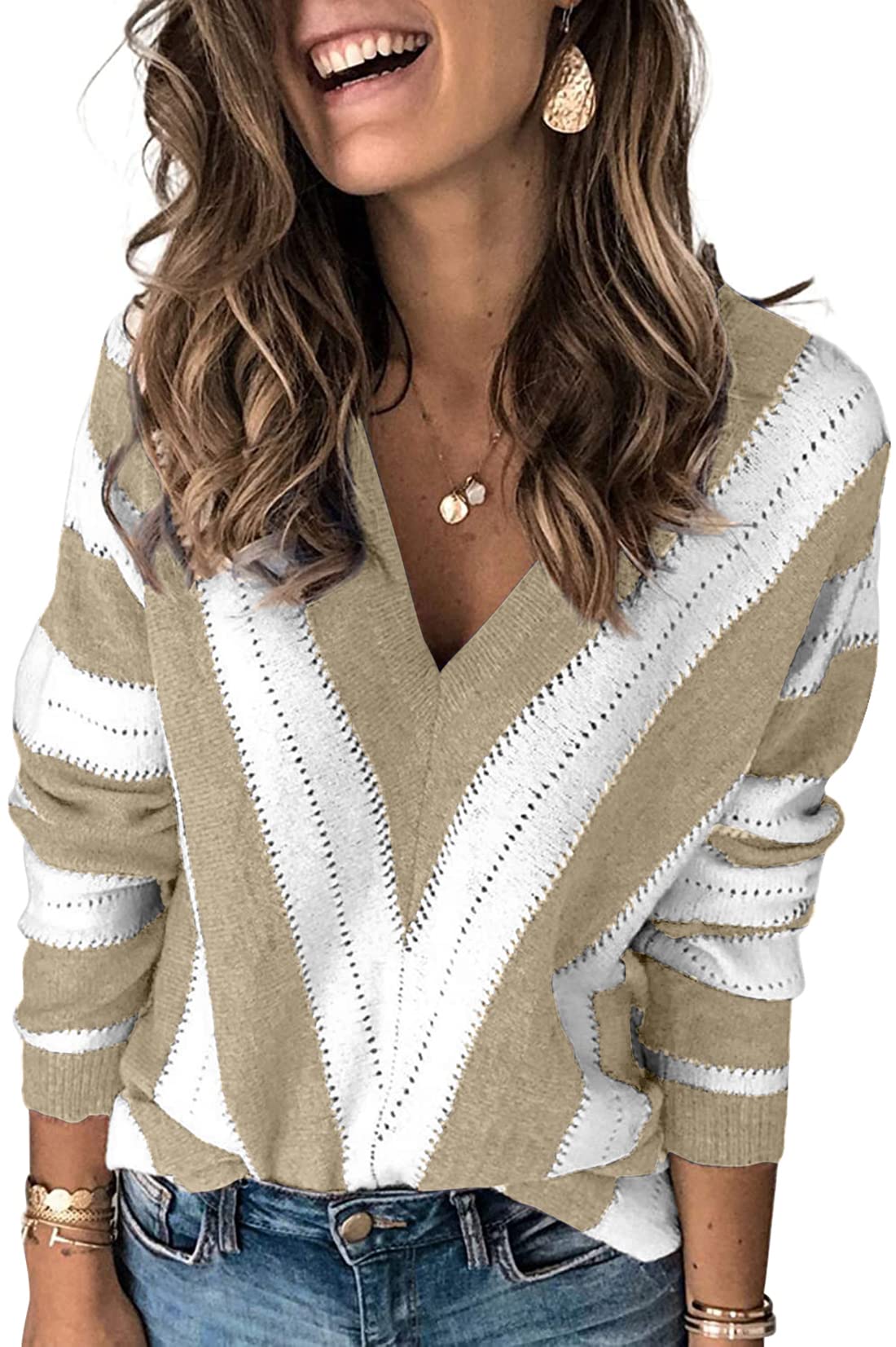 QIXING V Neck Long Sleeve Tops for Women Sweaters Striped Knitted Pullover