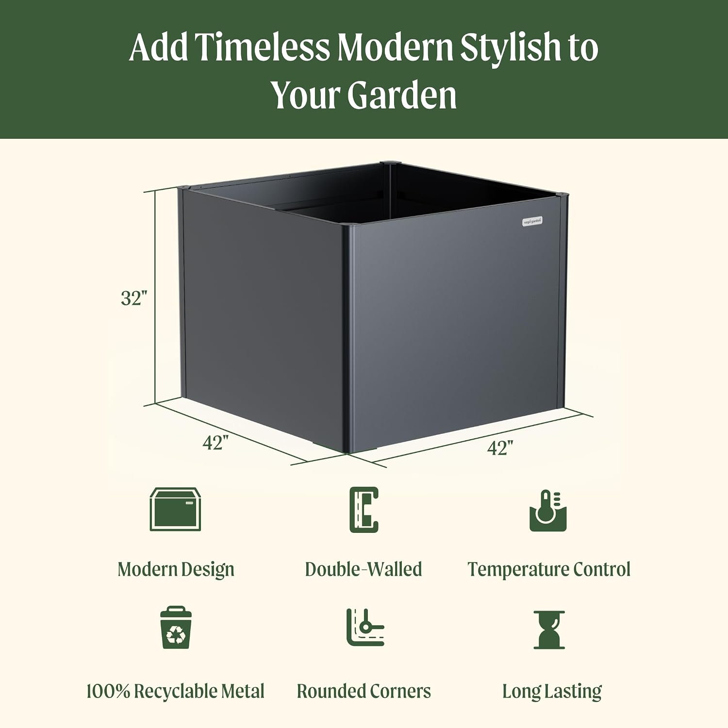Vego garden 32" Extra Tall Raised Garden Bed, 42" x 42" Modern Raised Garden Beds Kit, Metal Planter Box for Vegetables Flowers Fruits, Urban Charcoal