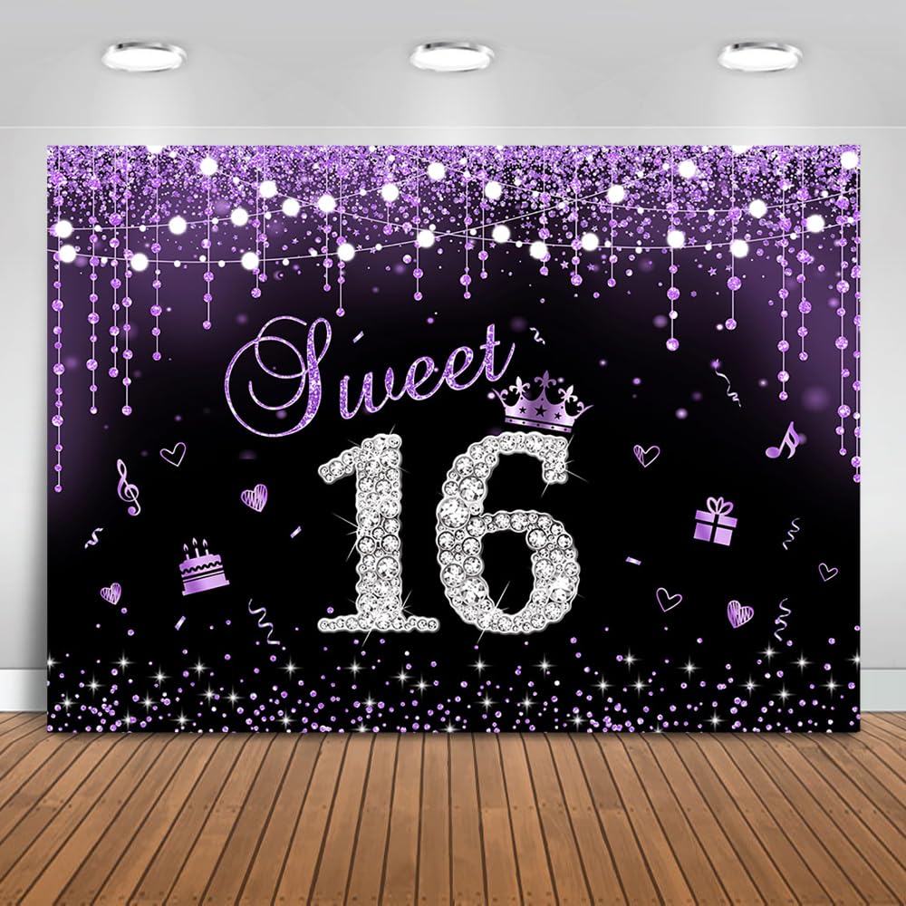 Mocsicka Sweet 16 Backdrop Purple Shiny Glitter Dots Diamond Princess 16th Birthday Party Background Sweet Sixteen Girls Birthday Party Decorations