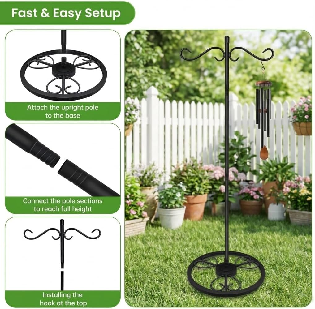 58'' Double Shepherds Hooks for Outdoor, Adjustable Shepherds Hook Stand with Base for Wind Chimes, Hummingbird Feeders, Indoor Outdoor Garden Patio Home Décor