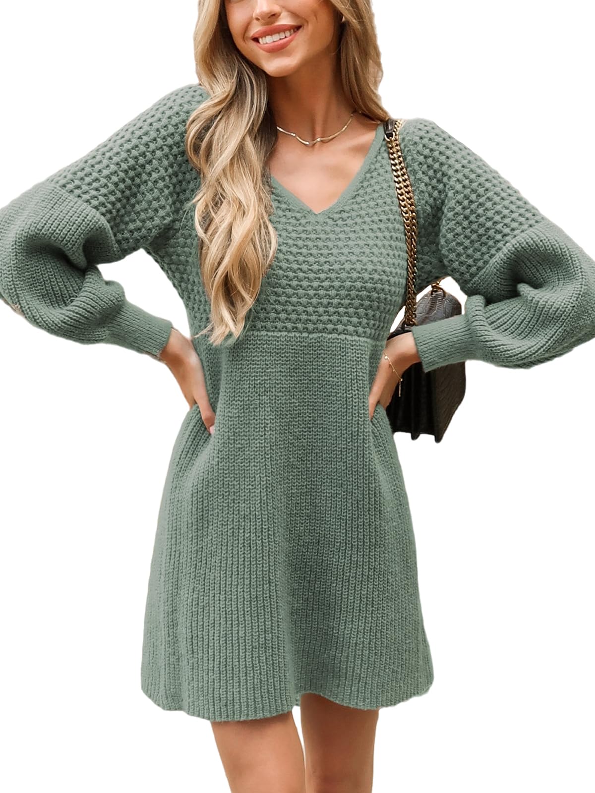 CUPSHE Womens Sweater Dress V Neck Honeycomb Long Sleeve Textured Fall Casual Knit Pullover Dresses