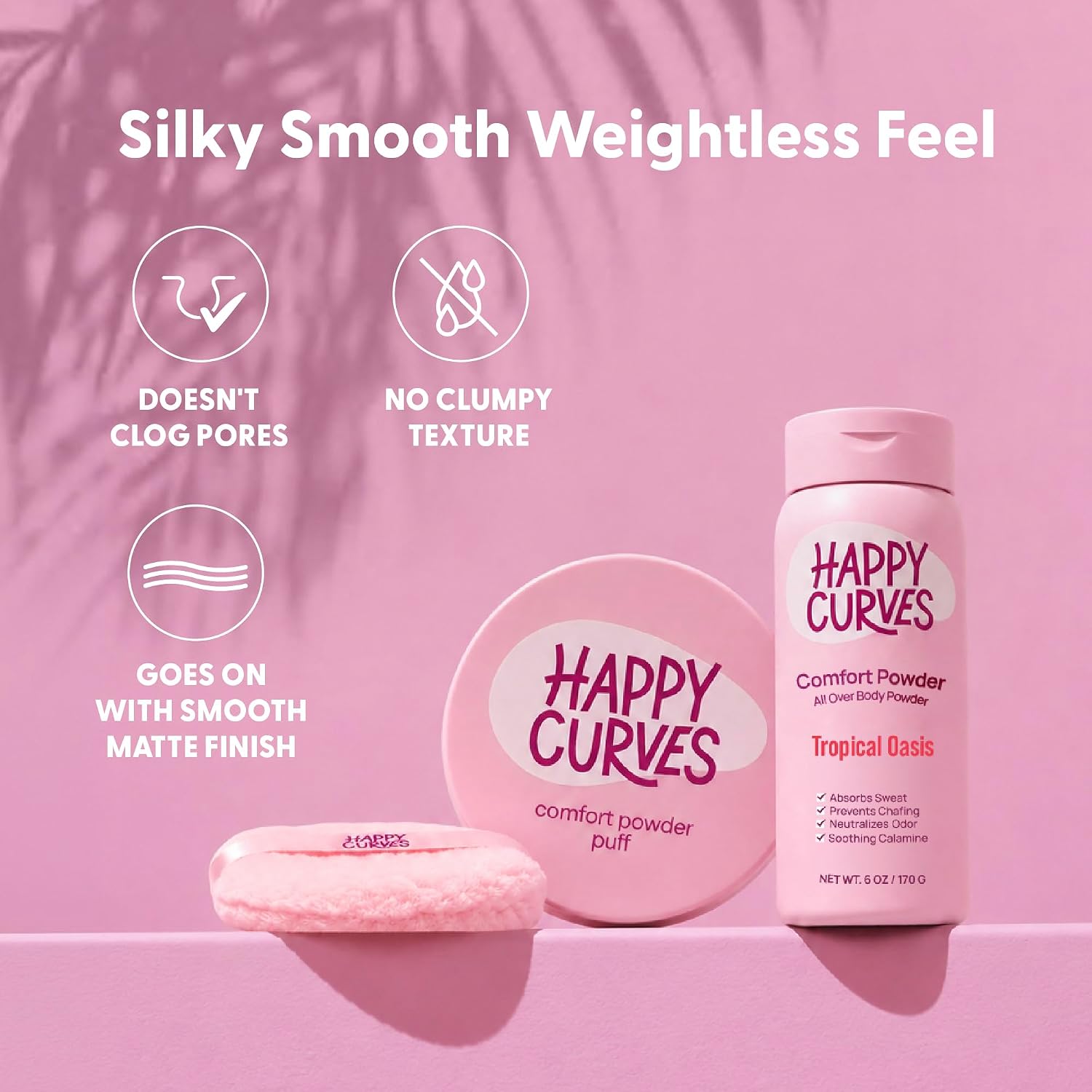 Happy Curves Comfort Powder & Puff Bundle – Talc Free Dusting Body Powder Deodorant + Powder Puff Applicator for Boob Sweat, Inner Thigh Chafing, Foot Odor & Odor Control, 6oz – Tropical Oasis
