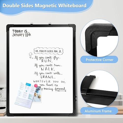Miniatura 5 de Pizarra blanca magnética, pizarra de borrado en seco de doble cara de 24 x 18 pulgadas, marco de aluminio negro para pared, pizarra blanca colgante,