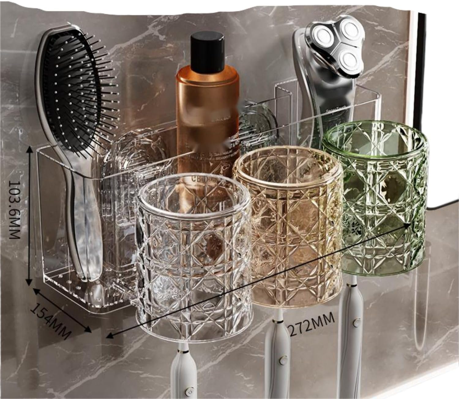 吸盘刷架一家三口杯置物架 Under Sink Storage for Kitchen Bathroom Cabinet,壁挂式免打孔杯子架子刷杯-（三个装）透明拼茶绿色