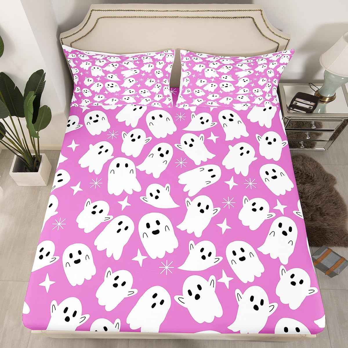 Cartoon Halloween Ghosts Fitted Sheet,Hippie Vivid Cute Ghost Decor Bedding Set for Kids Boys Girls Teens,Gothic Style Purple Print Bed Cover with 2 Pillowcases(No Top Sheet),Queen Size 3 Pcs
