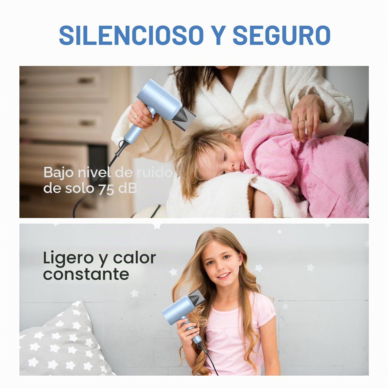 (Outlet) Secador de pelo de iones con motor AC de 1800 W, slopehill de secado rápido, secador de pelo con botón caliente/frío, 3 secadores de pelo y difusor, 3 ajustes de temperatura, 2 marchas (azul