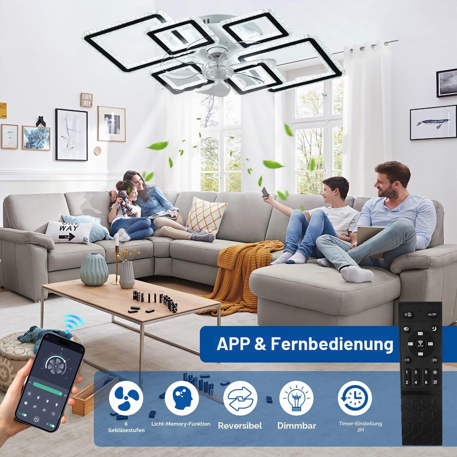 Inrosy Lampe mit Ventilator und Fernbedienung, 84cm Moderne Deckenlampe