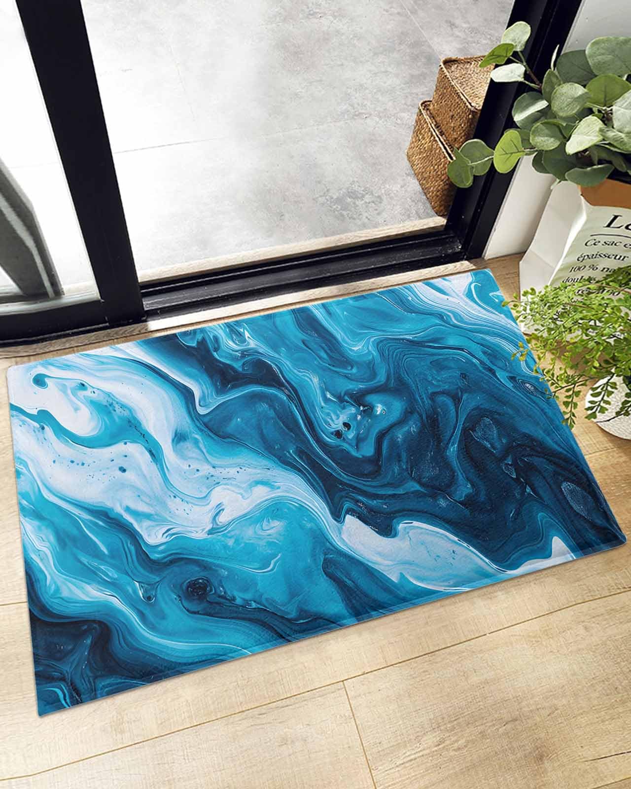 Indoor Doormat Oil Painting Blue and White Wave,Shaggy Floor Mat with Non-Skid Backing Abstract Ocean Fluid Art,Machine Washable Plush Area Rug Carpets for Kitchen Nursery Bedroom