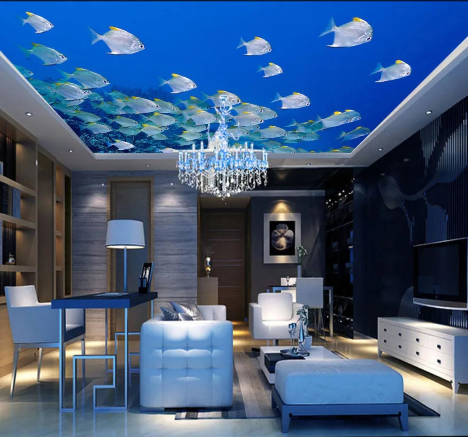 Wallpaper-3D-Xlm 250Cm×170Cm(B×H) Fresh Beautiful Blue Underwater World Schools Of Fish 3D Wallpaper Easy Install Feature Office Living Room Sofa Bedroom Tv Background Wall Decoration-250Cm×170Cm