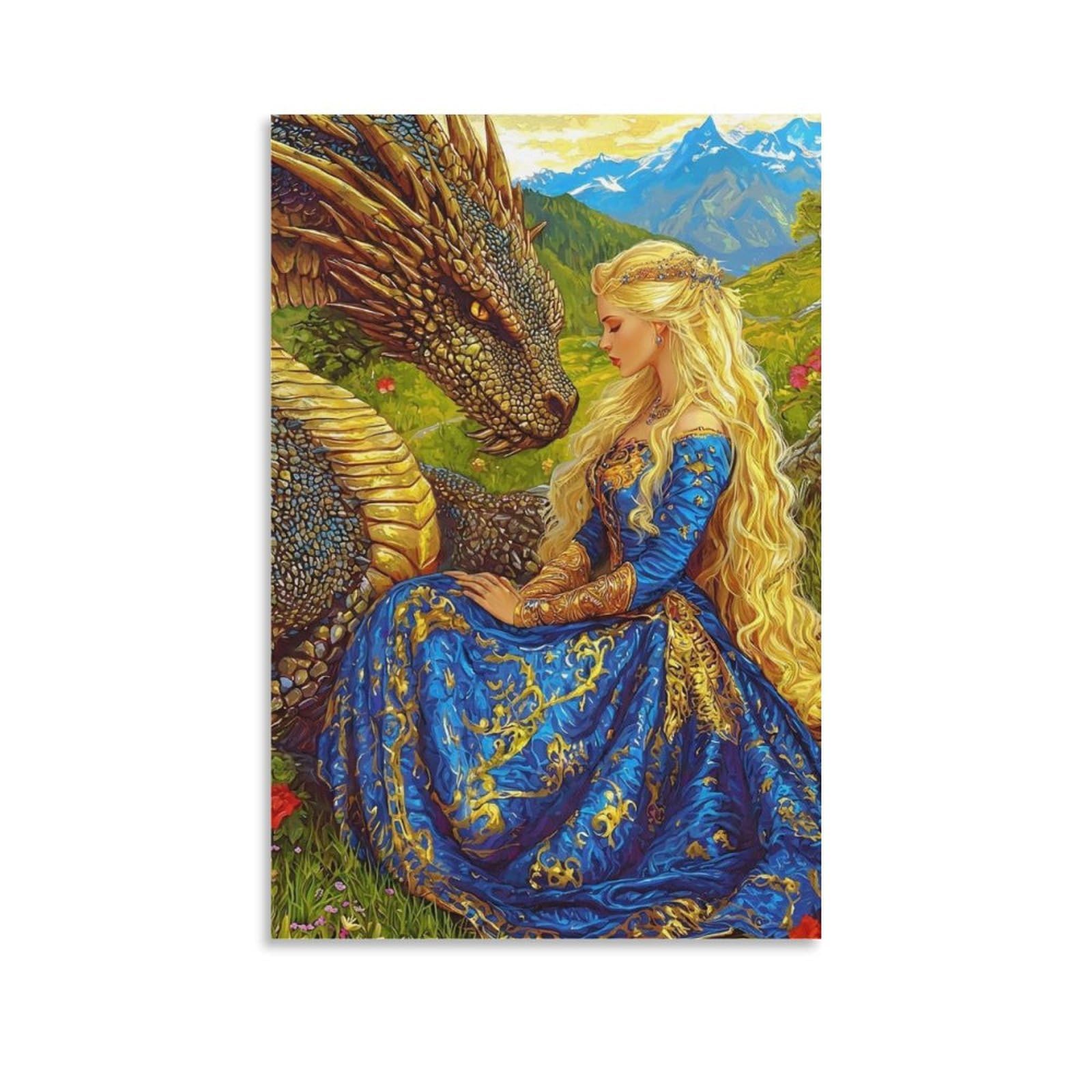 DHBANEIOK Dragon Princess Fantasy Poster Artwork Giclee Canvas Prints Modern Wall Art Picture Wall Hanging for Bathroom Wall Decor 12x18inch(30x45cm)