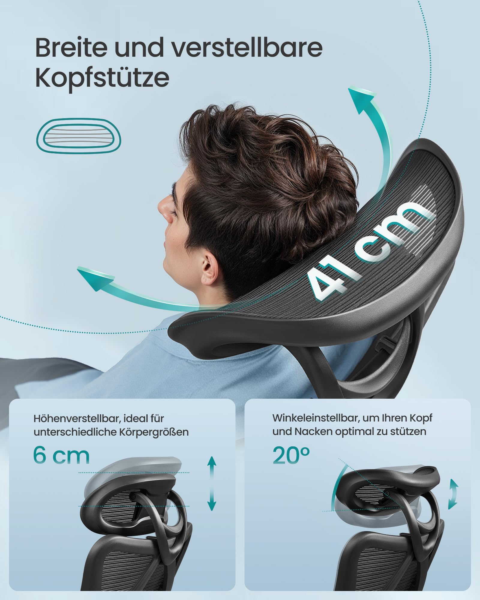 SONGMICS Ergonomischer Bürostuhl, Computerstuhl, Mesh-Stuhl, Lendenkissen und Kopfstütze verstellbar, maximale Belastung: 150 kg, höhenverstellbar, Tintenschwarz, OBN063B01