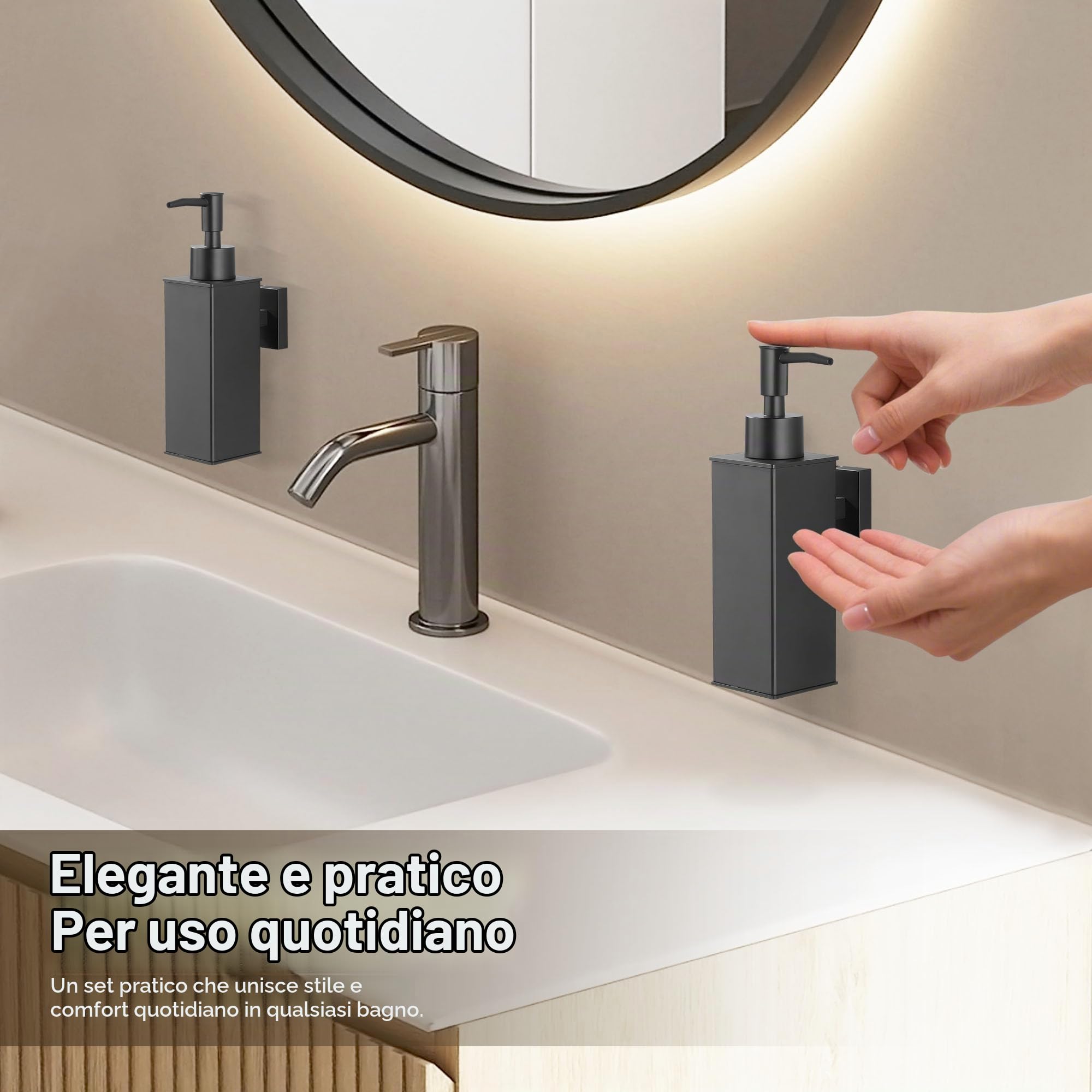 BGL Dispenser di sapone da parete, 2 pezzi, in acciaio inossidabile 304, dispenser per lavaggio a mano liquido per bagno e cucina, nero