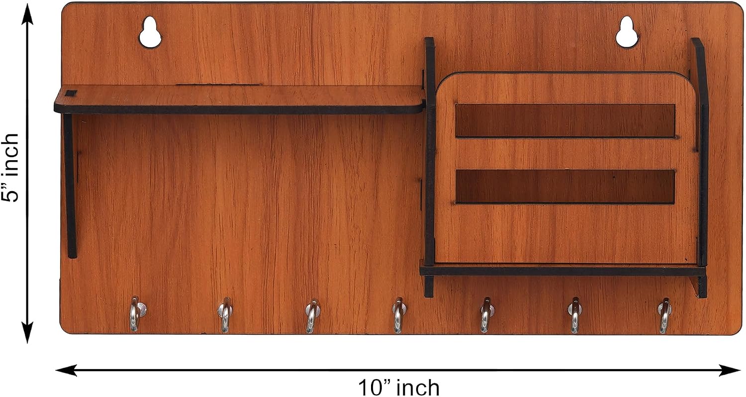 Webelkart Wooden Matte Finish Designer Key Holder Side Wall Shelf, Key Holder with 7 Keys Hooks (Brown) Key Holder for Home and Office Decor (10"x 5")