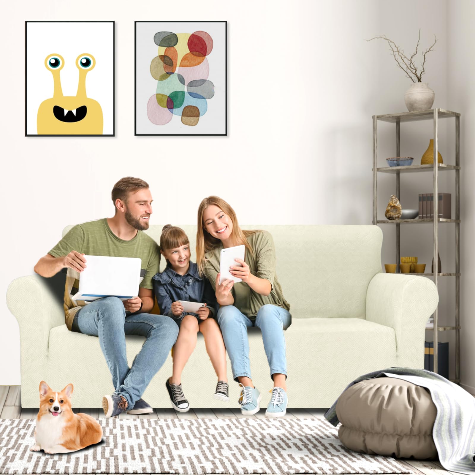 YSTELLAA Extensible Housse De Canapé 3 Places Universelle avec Accoudoirs, Sofa Cover Lavable Antidérapante Beige
