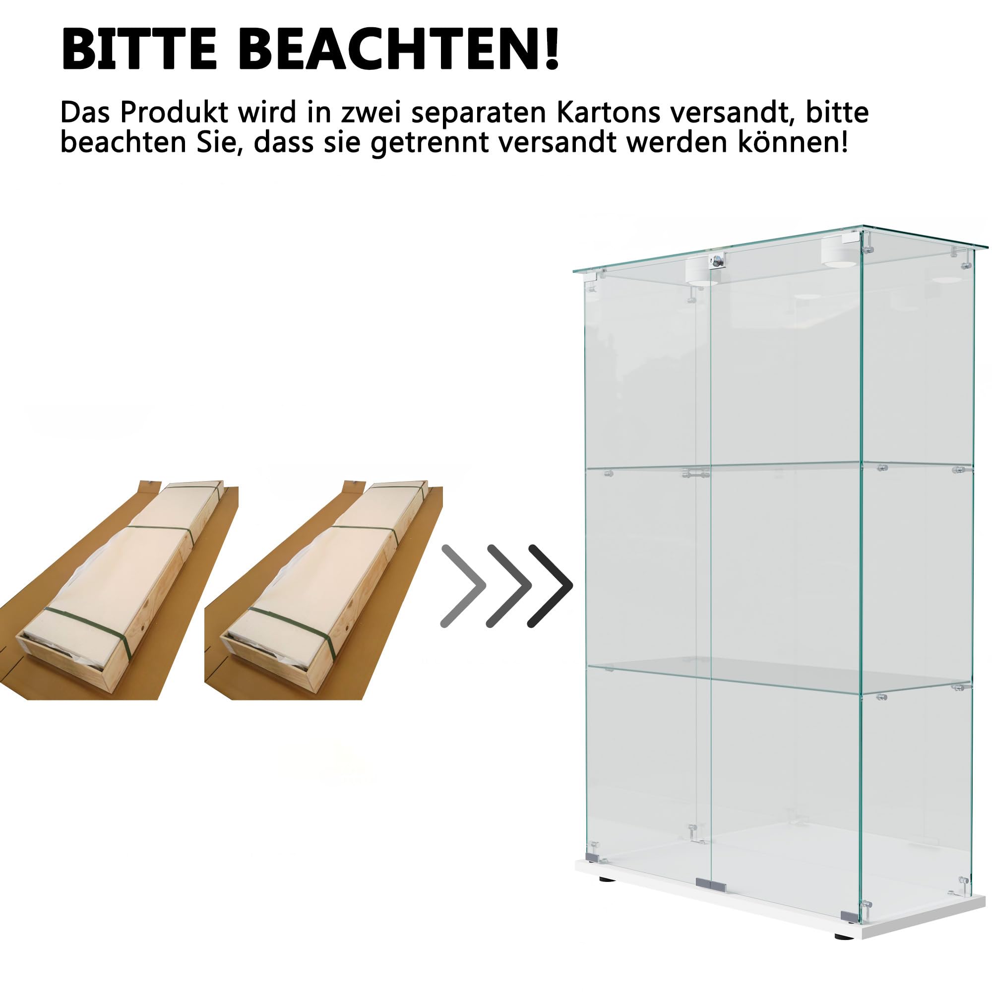 Glasvitrine Standvitrine mit LED Beleuchtung, Glasvitrine Stehend mit 3 Glasböden & 2 Glastüren abschließbar, Vitrinenschrank für Wohnzimmer Büro Sammlerstücke Bücher Wein Weiß