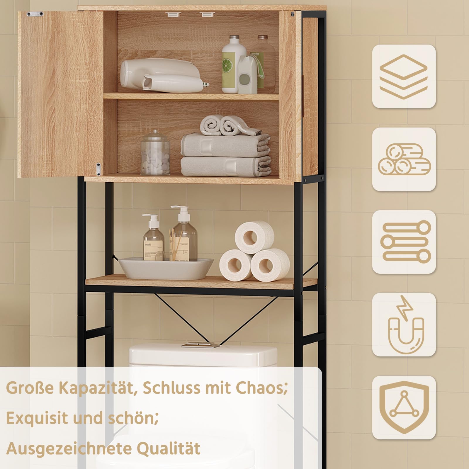 EUGAD Waschmaschinenschrank, Waschmaschinenregal Regal über Waschmaschine Toilette, Toilettenregal mit Schrank Verstellbarer Ablage, Badregal aus Holzwerkstoff Metall, 64,5x170x27 cm