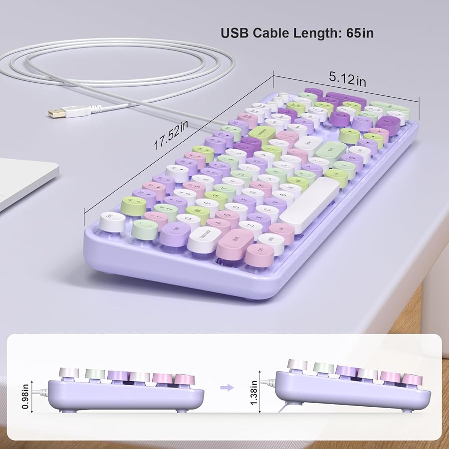 SQMD Colorful Computer Keyboards Wired, USB Plug and Play Full Size Typewriter Keyboard, Cute Aesthetic Keyboard with Foldable Stands for Windows PC Laptop (Purple) - image 7