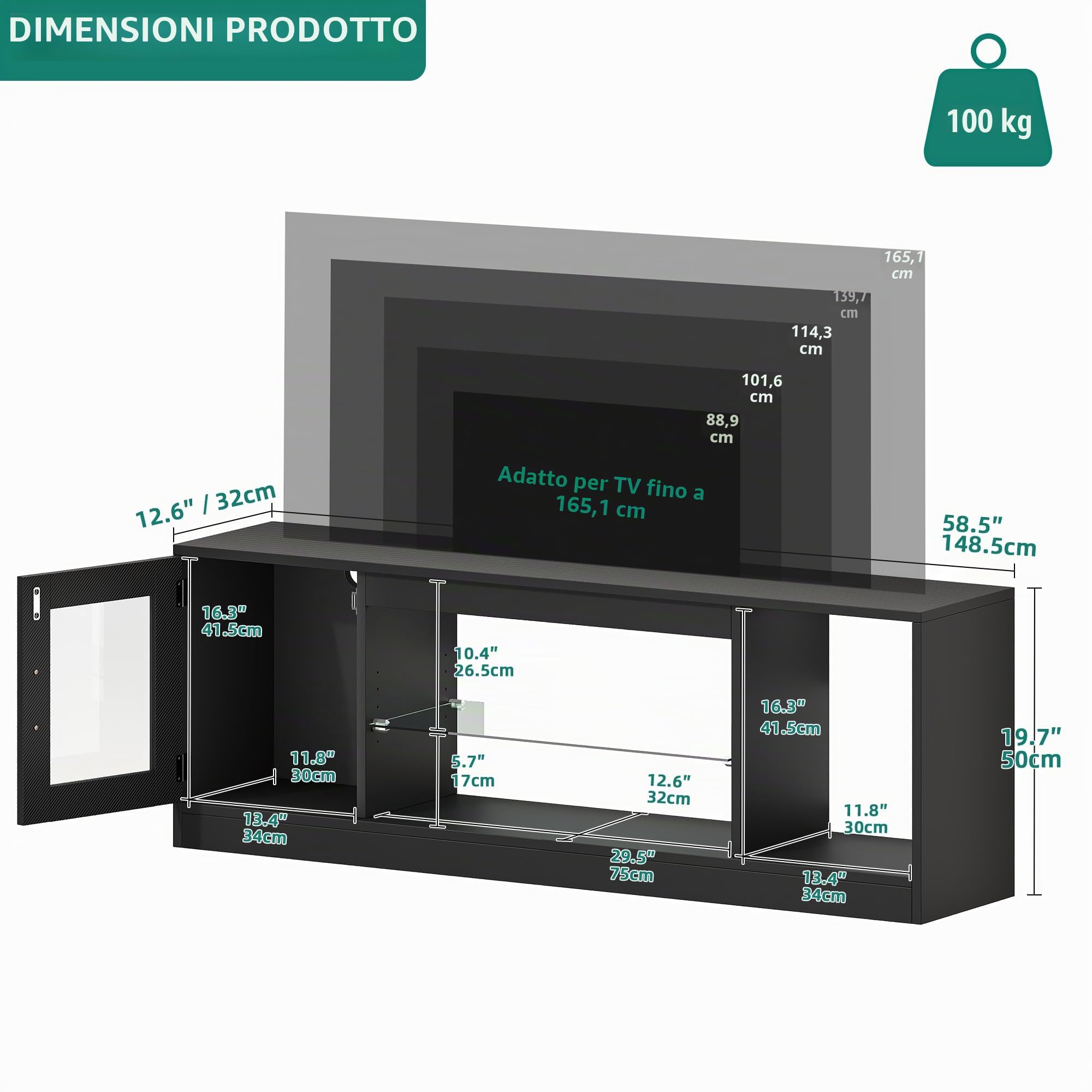 YITAHOME 148cm Mobile TV, adatto per sotto i 65 pollici, dotato di 7 luci RGB LED 22 modalità, gioco e centro di intrattenimento, Tavolino Porta TV basso pannello soggiorno