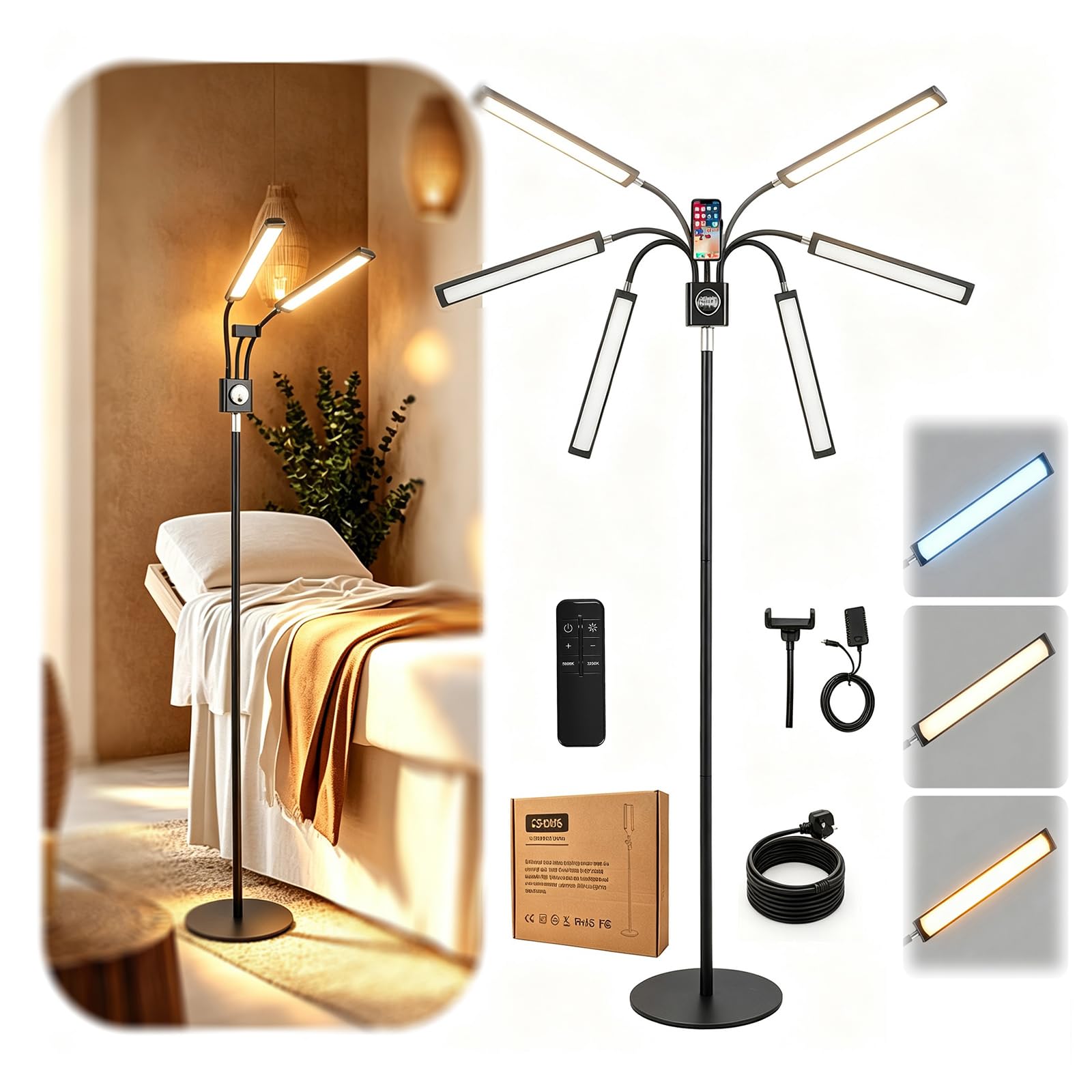 45W Dual Arm Floor Lamp with Phone Holder, Dimmable 3 Color LED Ring Light
