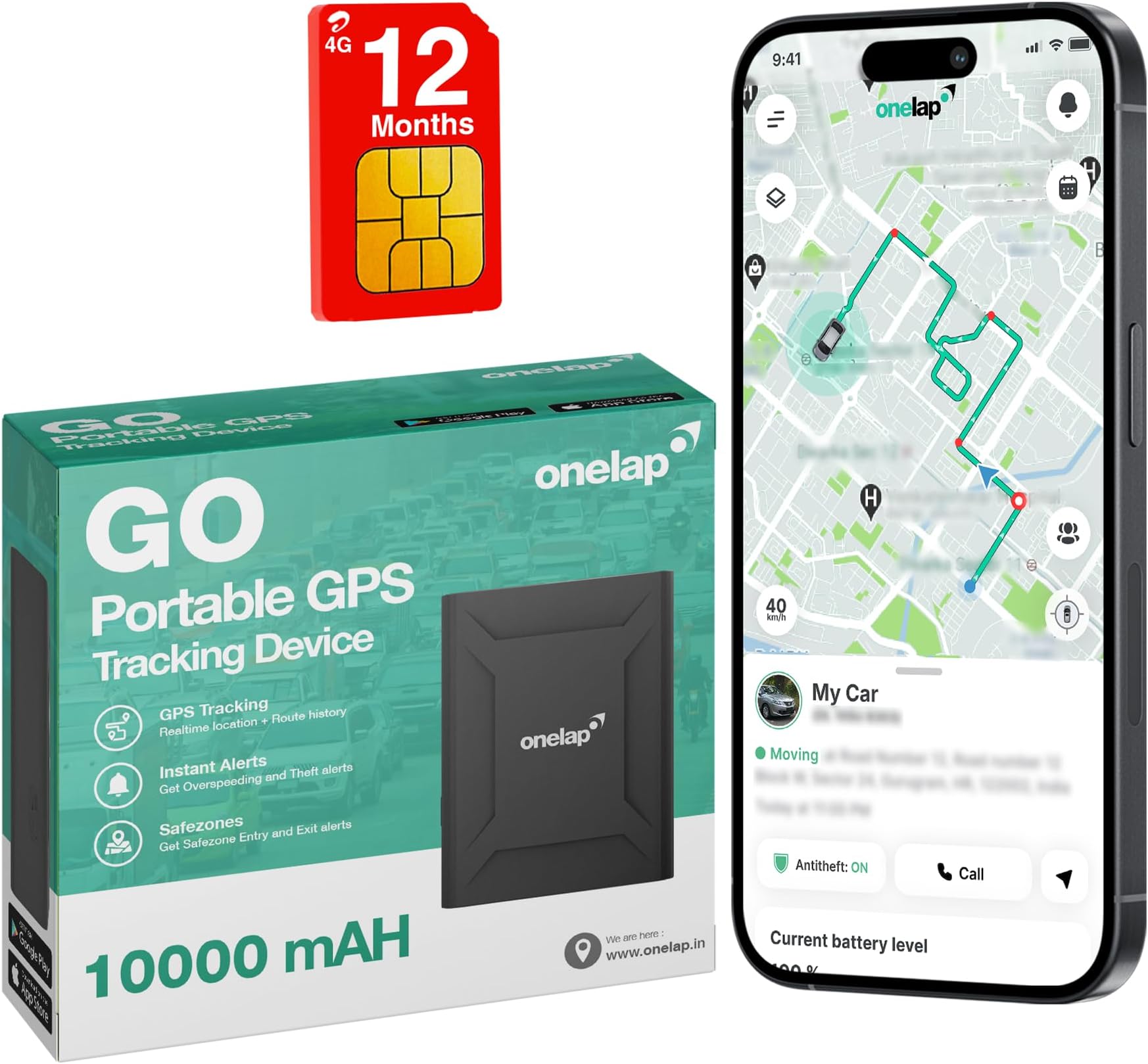 Onelap GO Portable GPS (with 12 Months 4G SIM Recharge) - Wireless GPS Tracker for Car, Kids School Bag, Scooty or Trucks | 10000 mAH Battery | Voice Monitoring | Magnetic Grip | 1 Yr Android iOS app