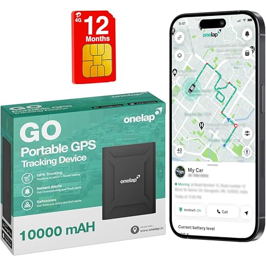 Onelap GO Portable GPS (with 12 Months 4G SIM Recharge) - Wireless GPS Tracker for Car, Kids School Bag, Scooty or Trucks | 10000 mAH Battery | Voice Monitoring | Magnetic Grip | 1 Yr Android iOS app