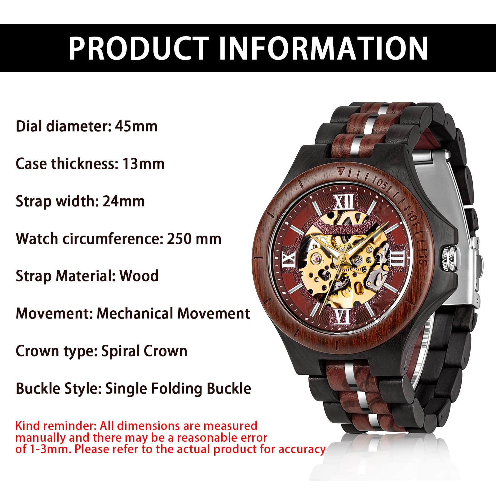 Tiong Orologio meccanico da uomo, in legno, di lusso, automatico, leggero, con cinturino in legno, con confezione regalo (W51108-rosso nero)